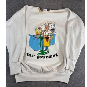 VINTAGE 90s Mr Gourmet Chef Sweatshirt Sz XL White Graphic Crew Neck Streetwear
